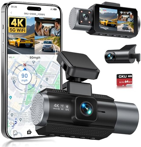 GKU 4K 3 Channel Dash Cam Front and Rear Inside, 3 IPS Screen, 5.8GHz WiFi Dash Camera for Cars, Built-in GPS, G-Sensor, 64GB Card Included, 24H Park Mode