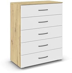 Rauch Möbel ADITIO, Kommode, Farbe Weiß/Eiche Artisan, Breite 80 cm | Highboard im zeitlosen Stil, 5 Schubladen, Soft-Close-Funktion, für Schlafzimmer, Gästezimmer, Wohnzimmer, Garderobe, Flur