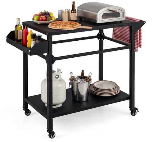 COSTWAY Grillwagen Outdoor, Grilltisch auf Rollen, Pizzatisch mit 2 Ablagen, Griff & Gewürzregal, Servierwagen Metall, Grill Beistelltisch wetterfest, für BBQ Partys, 100 x 45 x 80 cm, Schwarz