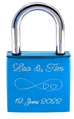Liebesschloss Vorhängeschloss Blau mit persönlicher Diamant-Gravur 1 Schlüssel Romantisches Geschenk für Ihn/Sie