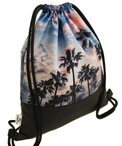 Ferocity Prämie Tasche Turnbeutel Rucksack Sportbeutel Bag Gym-sack schwarz gefärbt Sonnenuntergang Palmen [010]