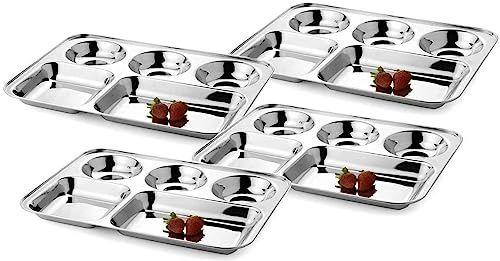 WhopperIndia Teller aus Edelstahl mit fünf Fächern, Thali, Tablett, Geschirrteller-Set mit 4 Stück - je 33 cm