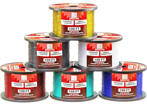 16 Gauge Wire Combo 6 Pack 12V 100'FT per Roll (600 ft Total) 16 Gauge Auto Wire Copper Clad Aluminium Low Voltage 16 Gauge Wire