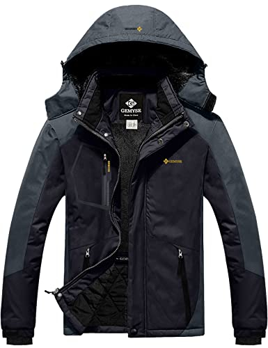 GEMYSE Homme Veste de Ski Imperméable de Montagne Manteau d'hiver Extérieur en Polaire Coupe-Vent avec Capuche(Gris Noir,XL)