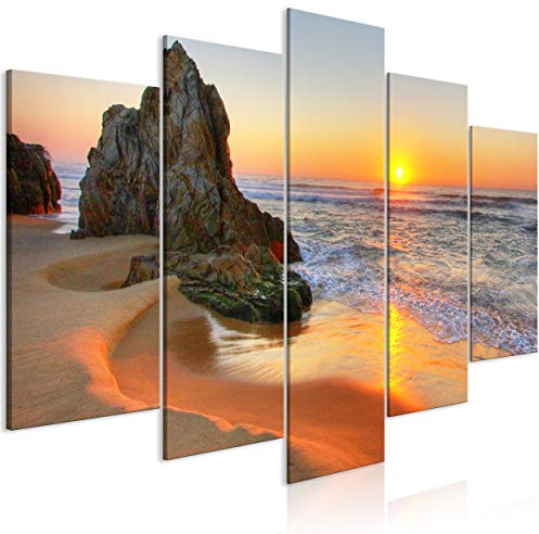 decomonkey Bilder Strand Meer 225x112.5 cm 5 Teilig Leinwandbilder Bild auf Leinwand Wandbild Kunstdruck Wanddeko Wand Wohnzimmer Wanddekoration Deko Landschaft Sonnenuntergang