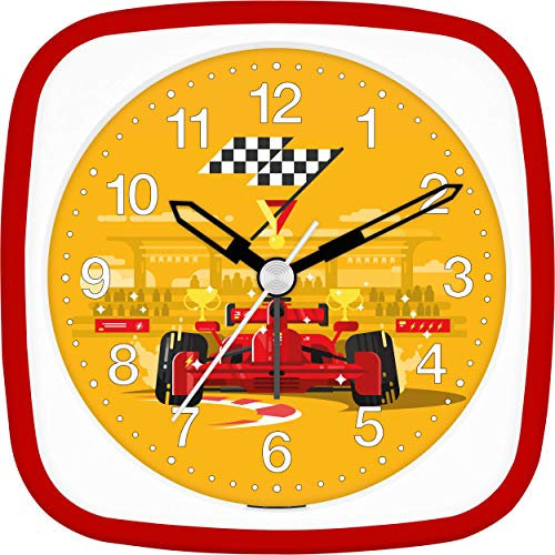 Eurotime Wecker Jungen Rennauto Rennsport, Kinderwecker, Rot, Kunststoffgehäuse und Kunststoffglas, geräuscharmer Wecker, ohne Ticken, mit Licht und Weckwiederholung, 27100-01