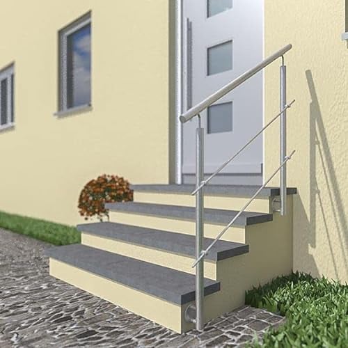 Edelstahl Treppengeländer Seitenmontage, 1,2m lang, 0,9m hoch, Außengeländer, je 2 Pfosten + 2 Querstreben + Handlauf mit Trägerplatten + Zubehör, Winkelverstellbar (L:1200mm H:900mm)