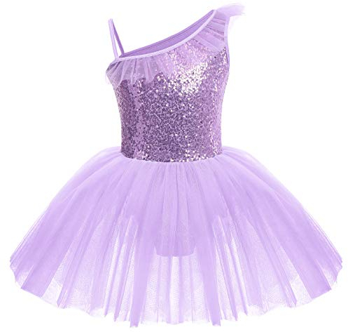 IWEMEK Kinder Ballettkleidung Mädchen Ballettkleid Ärmellos Rüsche Pailletten Balletttrikot Ballettanzug Tanzkleid Tanzbody mit Tütü Rock Ballettrock Gymnastik Tanzbekleidung Violett 5-6 Jahre