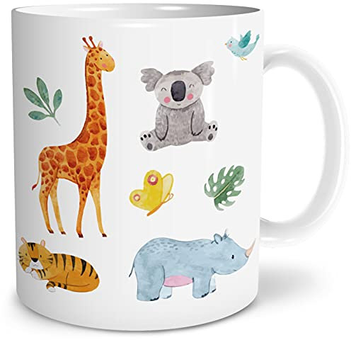 OWLBOOK® Geschenke für Kinder Mitbringsel Kindergeburtstag Safari Tiere Kinder Tasse Geschenke Geschenkideen für Jungs Jungen zum Geburtstag Taufe Kindertasse Trinkbecher Keramik 300 ml