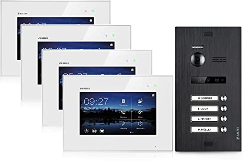 Balter EVO Video-Türsprechanlage, 4X 7 Zoll Monitor, Türstation Schwarz, Klingel, 2-Draht Bus, 150° Weitwinkel-Kamera (4 Familienhaus, Ohne App)