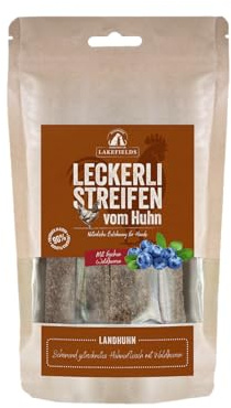 Lakefields Hundeleckerli | Trockenfleischstreifen vom Huhn | 150g | 90% Hühnerfleisch | Getreidefreie Hunde Snacks mit Kartoffeln & Waldbeeren | Knusprige Belohnung für Zwischendurch | Ohne Zusätze