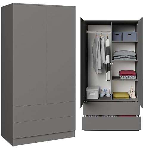 BEAUTY SOFA Classic Kleiderschrank 90x180 cm mit 2 Schubladen & Tip-ON System, Kleiderstange & Regale, Graphit