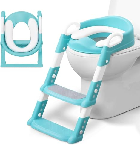 KIDOOLA Adjustable Potty Ladder Seat for Toilet Training with Steps, Handle & Soft Cushion Design Non Slip & Space Efficient Toddlers & Children, Foldable & Easy Assembly Splash Guard Included, Teal