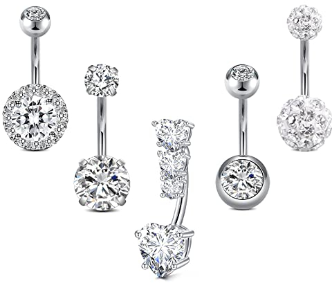 JFORYOU 5stk Bauchnabelpiercing Bauchnabel Barbell Set 14 Gauge aus 316L Chirurgenstahl Piercing Schmuck Silber