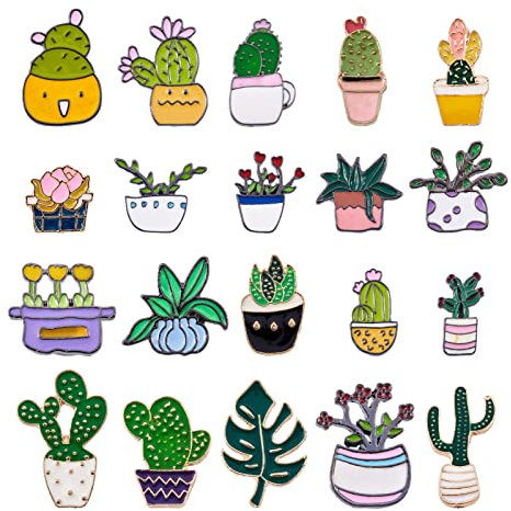 PandaHall 20 stücke Legierung Pflanze Emaille Pin Abzeichen 20 Stile Kaktus Grün Pflanze Cartoon Brosche Pin Abzeichen Revers Abzeichen für Kleidung Taschen Jacken Rucksäcke Zubehör Supplies