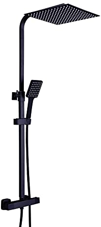 KIOPOWQ Quadratisches Duschsystem Duschset Duscharmatur Regendusche Überkopfbrauseset mit Thermostat Handbrause 30x30cm Schwarz