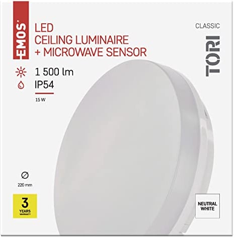 EMOS LED-Deckenleuchte TORI 15 W mit MW-Sensor,für Außen und Innen,Helligkeit 1500 lm,neutralweiß 4000K,Deckenlampe Flur,Bad,Küche,Balkon,Terrasse rund Ø 22 cm, ZM4328, Weiß