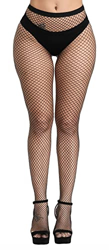 Henwarry Women's Fishnet Stockings Thigh High Wide Fishnet Tights (US, Alpha, One Size, Regular, Regular, B02-Black(Small Hole))