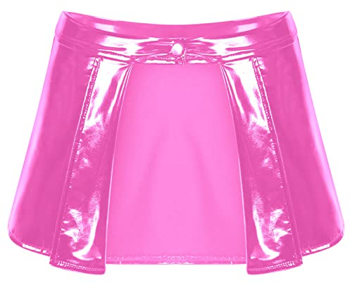 iEFiEL Damen Lackleder Gefalteter Röcke Kurz Latex Rock A-Linie Faltenrock Optik Lederrock Rockgürtel Rave Party Clubwear Rosa L