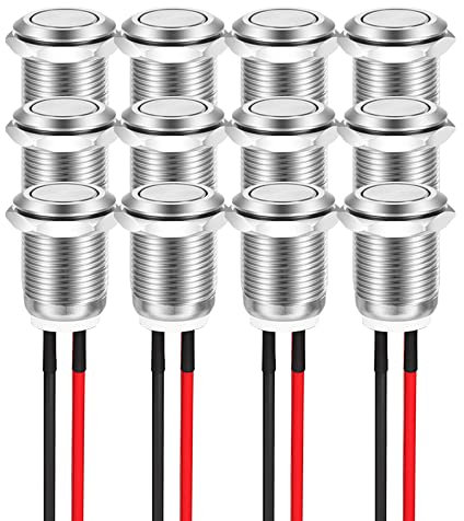 Guuzi 12 Piezas 12mm 2A 12V/24V/125V/250Vac Botón Momentáneo Carcasa De Metal con Precableado, Botón Pulsador Impermeable IP65 (Cabeza Plana)