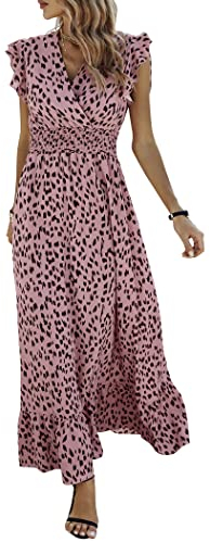 Awemeal Damen Sommerkleid Elegant V-Ausschnitt Maxikleid Drucken Boho Sommer Lang Kleid Flügelärmel Rüsche Strandkleid (as3, Alpha, x_l, Regular, Regular, Rosa)