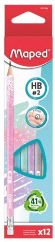 Maped Graphit Glitter Deco 2HB Bleistift mit Radiergummi, Rund, Mehrfarbig, Gummi, 0.3mm, Einziehbar, Holz, 1 stück (1er Pack), Unisex, Farblich sortiert