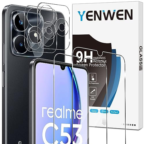 Yenwen Protector de Pantalla para Realme C53, 2 Piezas Cristal Templado con 2 Piezas Protector de Lente de Cámara, 9H Dureza Ultra Resistente Vidrio Templado
