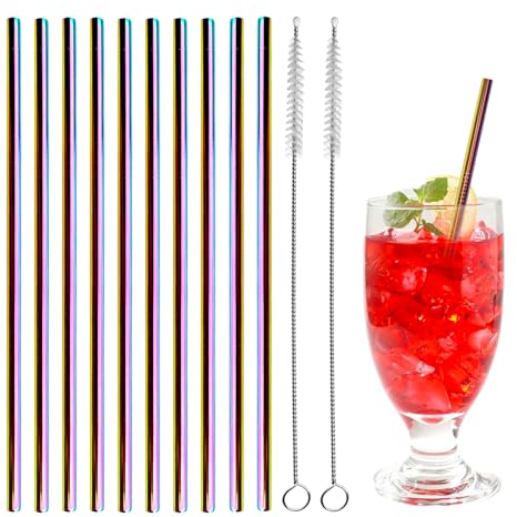 FINEASY 10Der Set Strohhalme Edelstahl mit 2 Reinigungsbürste,Metall Strohhalme Wiederverwendbar,Spülmaschinenfest Trinkhalme Edelstahl Wiederverwendbare Strohhalme für Cocktail Saft Getränke (Gerade)
