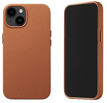 Mujjo Leather Phone Case - Fits iPhones 14 and 13 - MagSafe Compatible - Premium Leather - Enhanced Phone & Lens Protection - Slim Profile - Tan