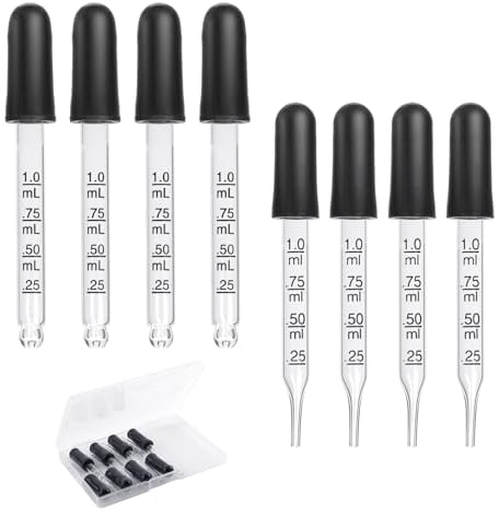 PEUTIER 8stk 1ml Glaspipette, Glastropfer mit Messungen Pipettentropfer mit Gummikopf Glaspipette für Medizin ätherische Öle Ernährung Ohr Labor(2 Ausführungen)