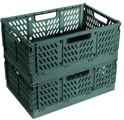 Lot de 2 BoîTes Pliantes en Plastique Solide, Panier de Rangement Pliable Empilables, 42 x 28 x 16cm Pour le Stockage de La Cuisine, La Chambre à Coucher,Bureau,Jardin (Vert)