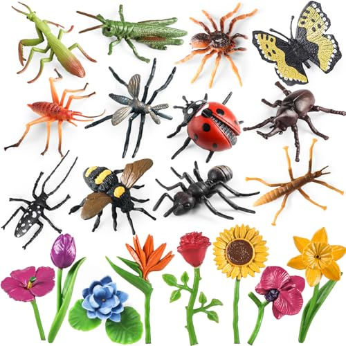 kukifun Insetto Piante Figure Giocattolo 20Pcs, realistico Fiore di plastica con Coccinella Ape Farfalla Formica Grille Mantis Scorpione Ragno per la Scuola Progetto Compleanno Decorazione
