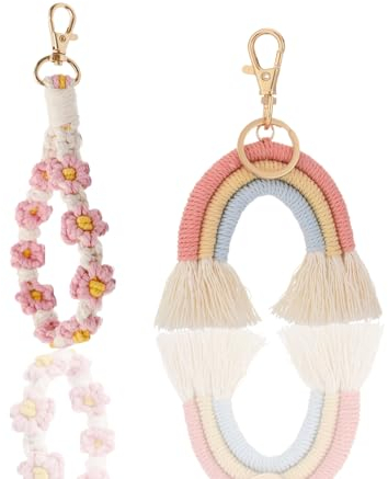 Guidre Schlüsselanhänger Boho, Makramee Schlüsselanhänger, Schlüsselanhänger Blume, Boho Regenbogen Schlüsselanhänger, Gänseblümchen-Design Keychain für Frauen Mädchen Boho für Damen
