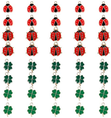 Fsttre 40 Stück Kleeblatt Anhänger Marienkäfer Glücksbringer Grün Vierblättriges Kleine Metall DIY Basteln Charms Halsketten Zubehör Schmuck Ornamente Autoschlüsselanhänger Glück Schlüsselanhänger