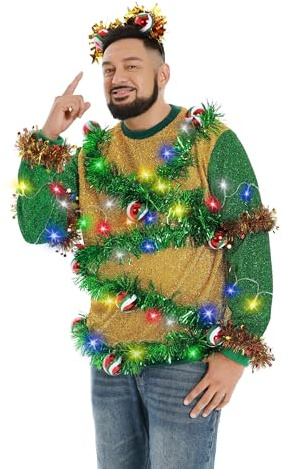 U LOOK UGLY TODAY Unisex Herren Damen LED Weihnachtspullover Hässlicher Lustiger Chunky Gestrickter Festlicher Pullover Sweatshirt für Party L