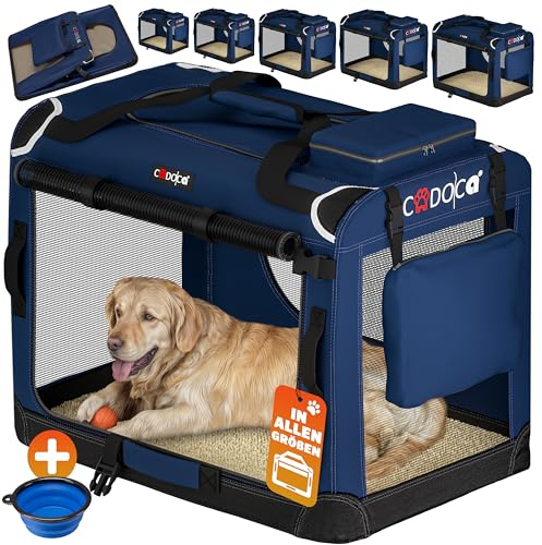 CADOCA® Hundebox faltbar Transportbox XXL 90x60x66cm robust atmungsaktiv Transporttasche Auto Rückbank Haustiertransportbox Hundetragetasche Navyblau