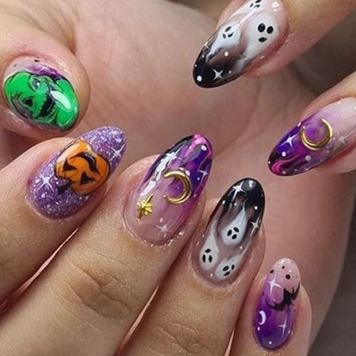 Danshinbow 24pcs Halloween presser les ongles amande faux ongles citrouille fantôme araignée Web Design mignon faux ongles brillant pour les femmes (Multicolore, 0.04 ml)