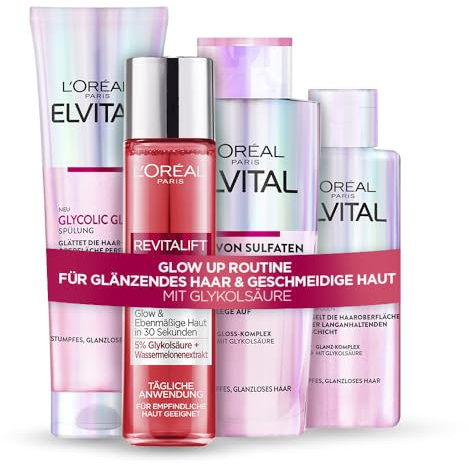 L'Oréal Paris Glycolic Glow Set: Elvital Gloss Shampoo, Spülung & Laminierung + Revitalift Peeling Toner - Für einen ebenmäßigen Glow und glanzloses stumpfes Haar, [Amazon Exclusive], 4-teilig