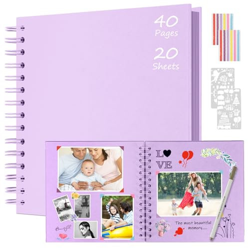 Boic Fotoalbum zum Selbstgestalten 21x21cm, DIY Spiralalbum 40 Seiten Fotoalben Scrapbook, Fotobuch für Baby Valentinstag Geburtstag Weihnachten Geschenk (Lila)