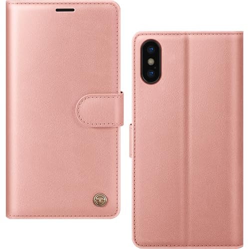 AIMOYU for iPhone X, iPhone XS Case, Flip Wallet Leather Phone Case with [4 Card Slots] [Kickstand] [RFID Blocking] Magnetic Protective Shockproof Cover for iPhone X/XS Phone Case - Pink