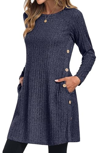 GRECERELLE Womens Winter Jumper Dresses for Women UK Ladies Dresses Tunic Knitted Long Sleeve with Pockets Side Buttons Dress (Navy Blue, L)