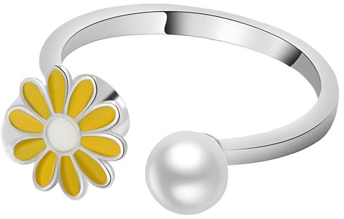 ZALXOZYL Little Daisy Fidget Ring,Ehering und Verlobungsringe,Paare,360° Drehbar,Verstellbare Öffnung,Zeigefinger,Geburtstags- und Feiertagsgeschenk für Mädchen,Mutter,Freundin,W-Gelb,Us-Größe 7
