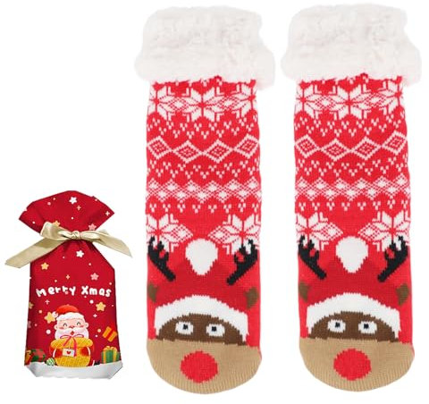 GOZINA Calzini natalizi caldi, calzini natalizi in alpaca, calzini natalizi da donna, Happy Socks divertenti, forniti con un sacchetto regalo di Natale con coulisse, Colore: rosso, Taglia unica