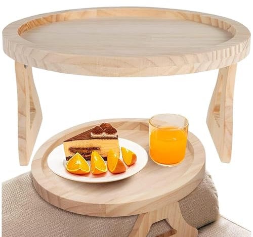 CERICAI Natural Wood Sofa Side Tables Tray, Waterproof Round Sofa Arm Tray Table, Portable Foldable Sofas Armrest Clip On Tray Organizer for Remote Phone, Drinks, Food, Snack Holder