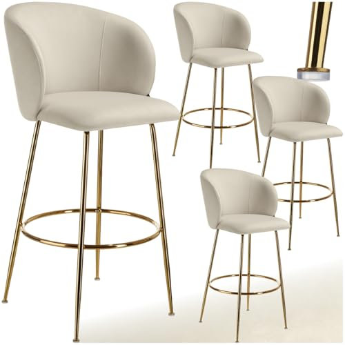tectake® Samt Hocker hoch, Barhocker mit Lehne, als Küchenhocker, Barstuhl, Barmöbel, Barstühle Set oder Bistrostuhl, Tresenhocker, Esszimmerstühle, Sitzhocker für Kücheninsel - Creme/Gold, 4er Set