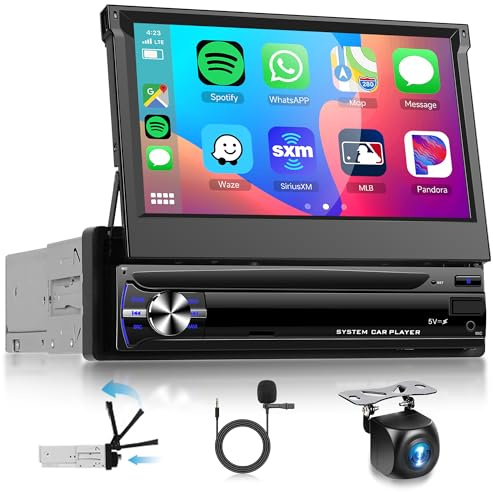 4G+64G Carplay sans Fil Autoradio 1 Din Android 15 avec 7 Pouces Écran Rétractable avec Android Auto Mirror Link GPS Navi Bluetooth WiFi/FM/RDS/EQ/DSP/USB/DVR Commandes au Volant Caméra Recul