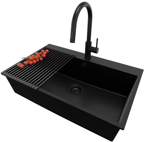 PRIMAGRAN Fregadero Granito Todo Negro 78x50cm, Cocina 1 Seno + Grifo 40x20cm + Sifón + Enrollable Escurridor, Sobre encimera al mueble 80cm - Riga S272