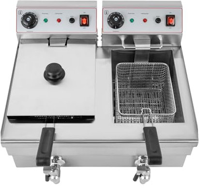 Friggitrice elettrica in acciaio inox, 6000 W, friggitrice professionale da tavolo, regolazione continua della temperatura 60 – 200 ℃, 10 l x 2 cestello e coperchio, friggitrice ad olio, padella