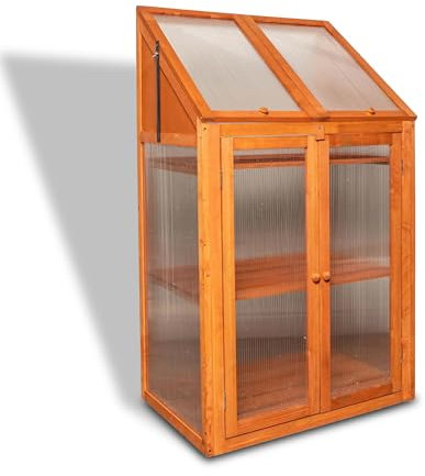 Wooden Greenhouse Cold Frame for Garden, Double Doors Wooden Framed Polycarbonate Growhouse 3 Tier Wooden Garden Mini Greenhouse for Flower Vegetable Planting Storage