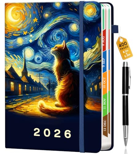 Kalender 2026, Wochenkalender, A5, 200 Blatt (400 Seiten), Januar – Dezember, Notizblock, Tageskalender, 21 x 14,5 cm, Schülerkalender, Wochenplaner, Planer, Notebook (Katze unter dem Sternenhimmel)
